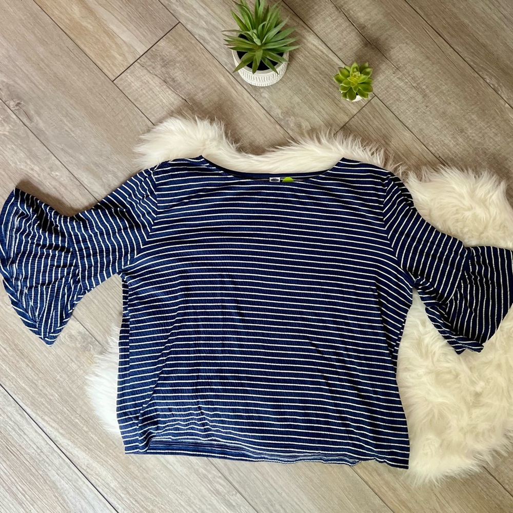 OLD NAVY | Blue White Striped Bell Sleeve Soft Blouse (L)